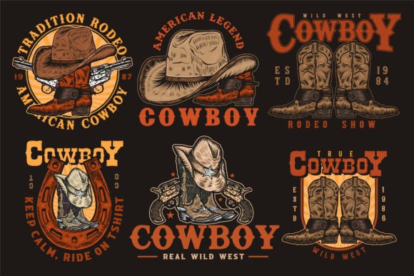 Download Cowboy Vintage Handdrawn Logo Design Set - Set Collection