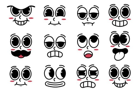 Download Set of Kawaii Cartoon Faces Retro Style - Set Collection